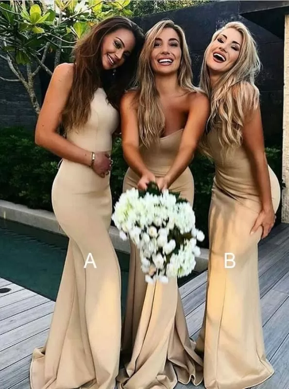 Mermaid Round Neck Sweep Train Gold Satin Bridesmaid Dress