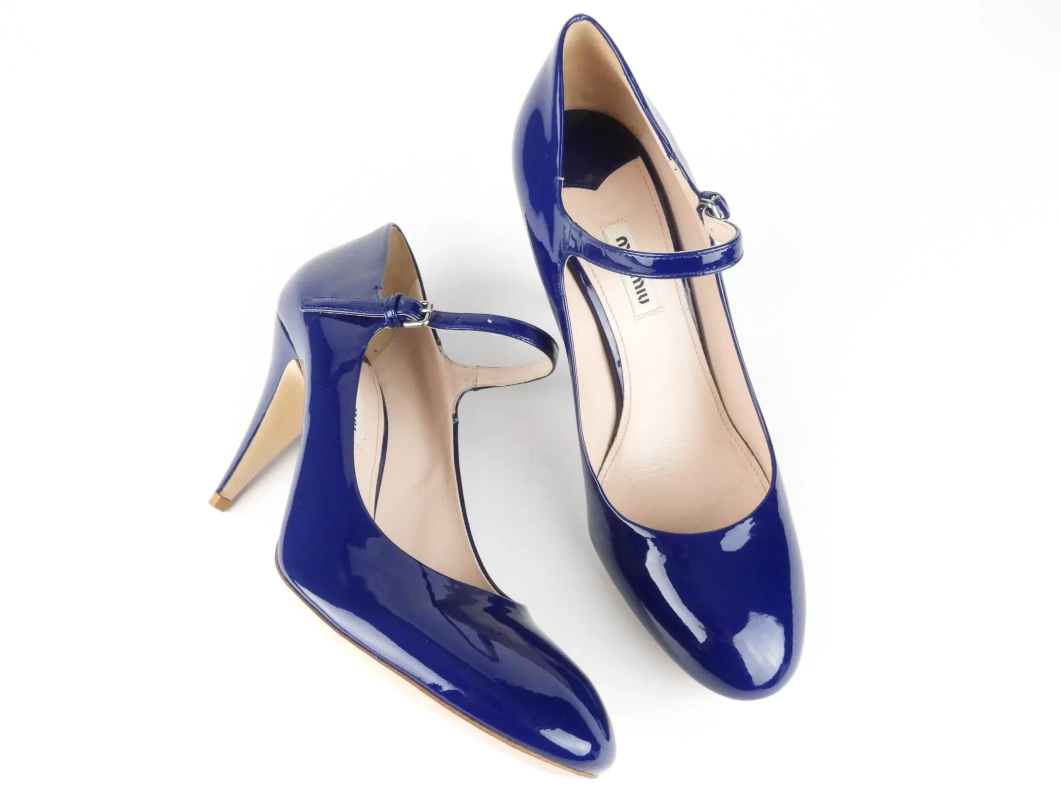 Miu Miu Navy Blue Patent Leather Cone Heel Mary Jane Shoes - 40