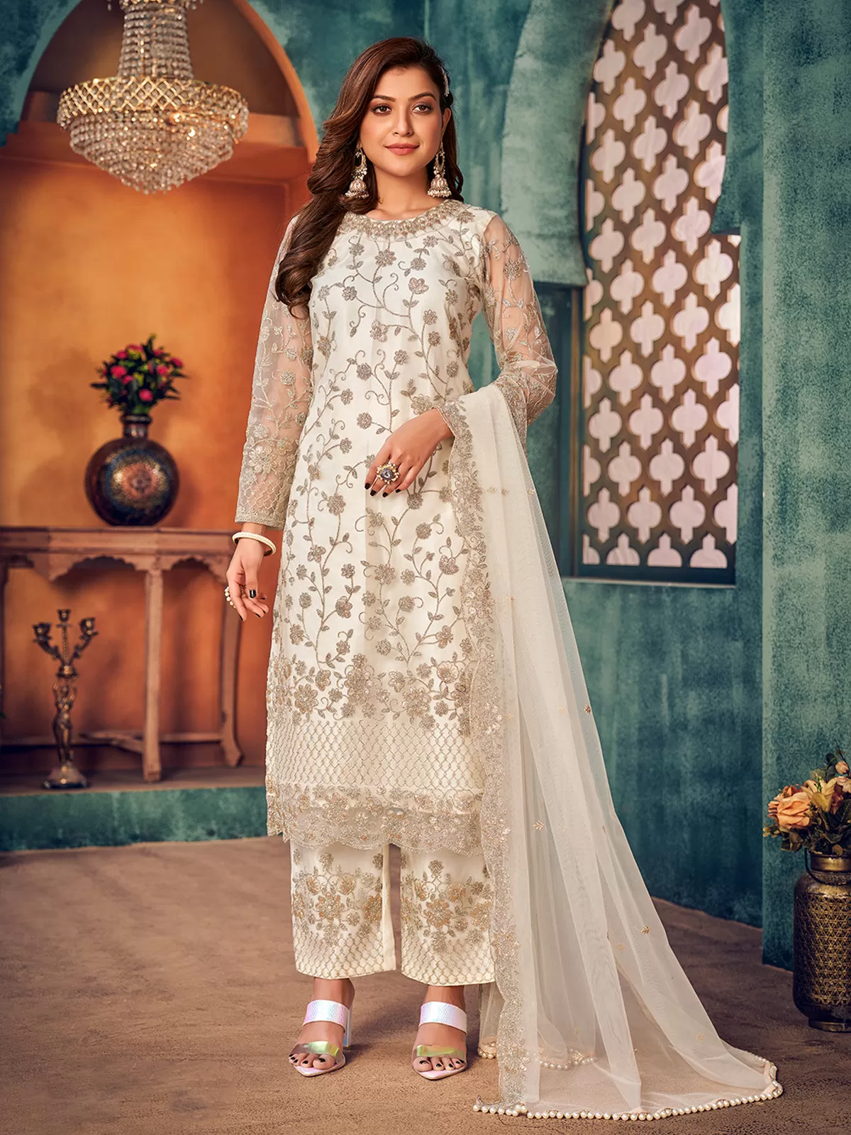 Odette White Net Embroidered Semi stitched Kurta Set with Inner For Women