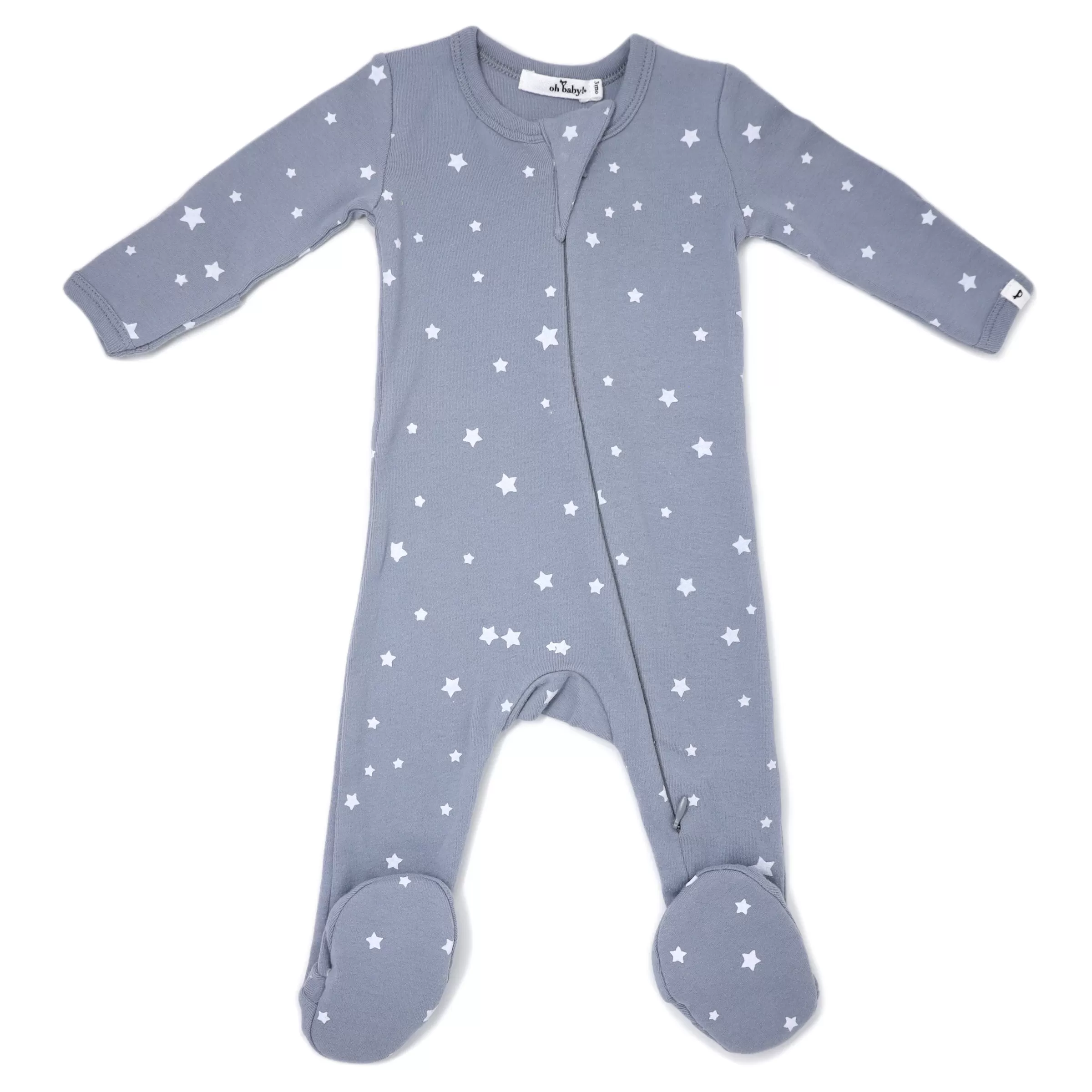 oh baby! Zipper Footie Baby Rib - Mini Stars White - Fog