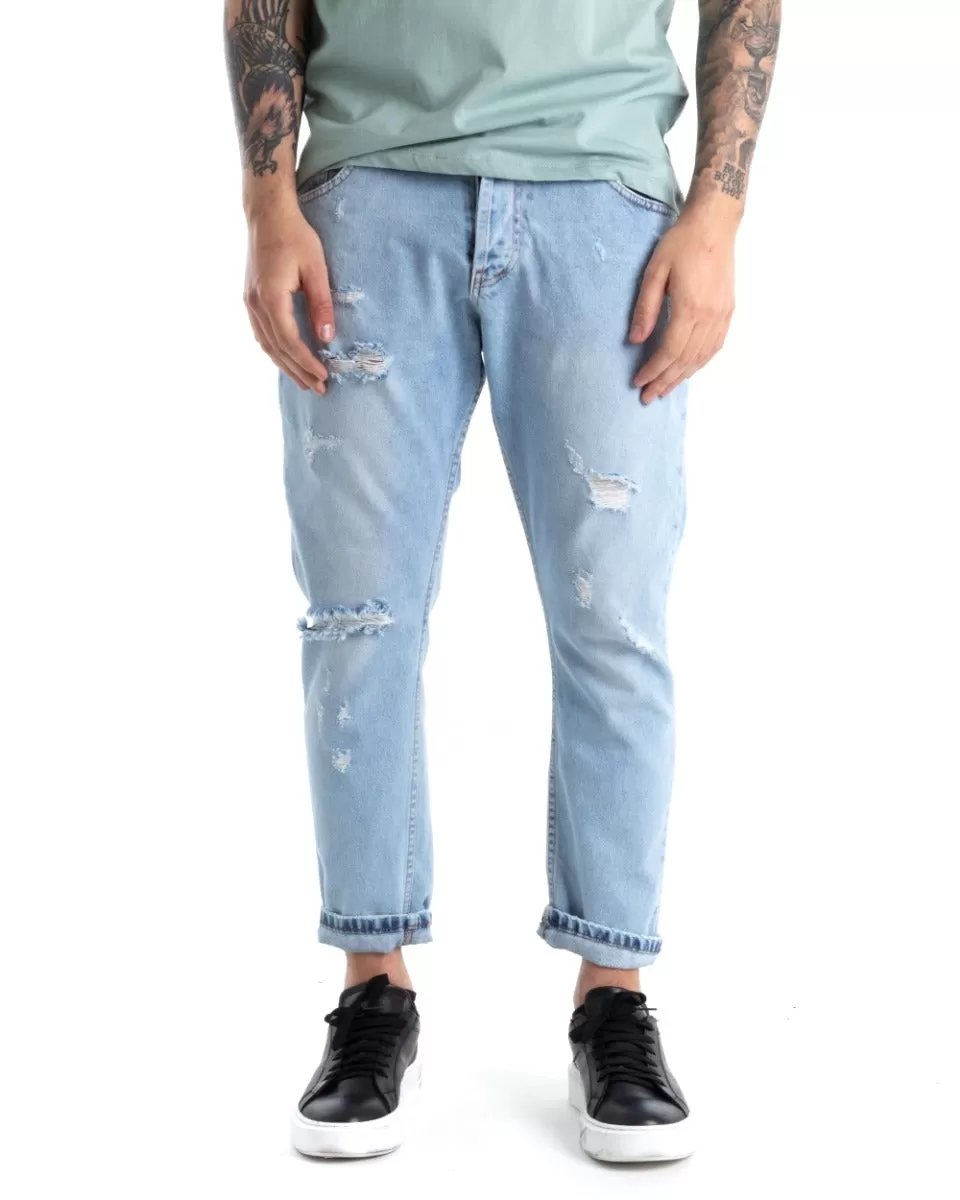 Pantaloni Jeans Uomo Loose Fit Denim Chiaro Con Rotture Cinque Tasche GIOSAL-P5306A