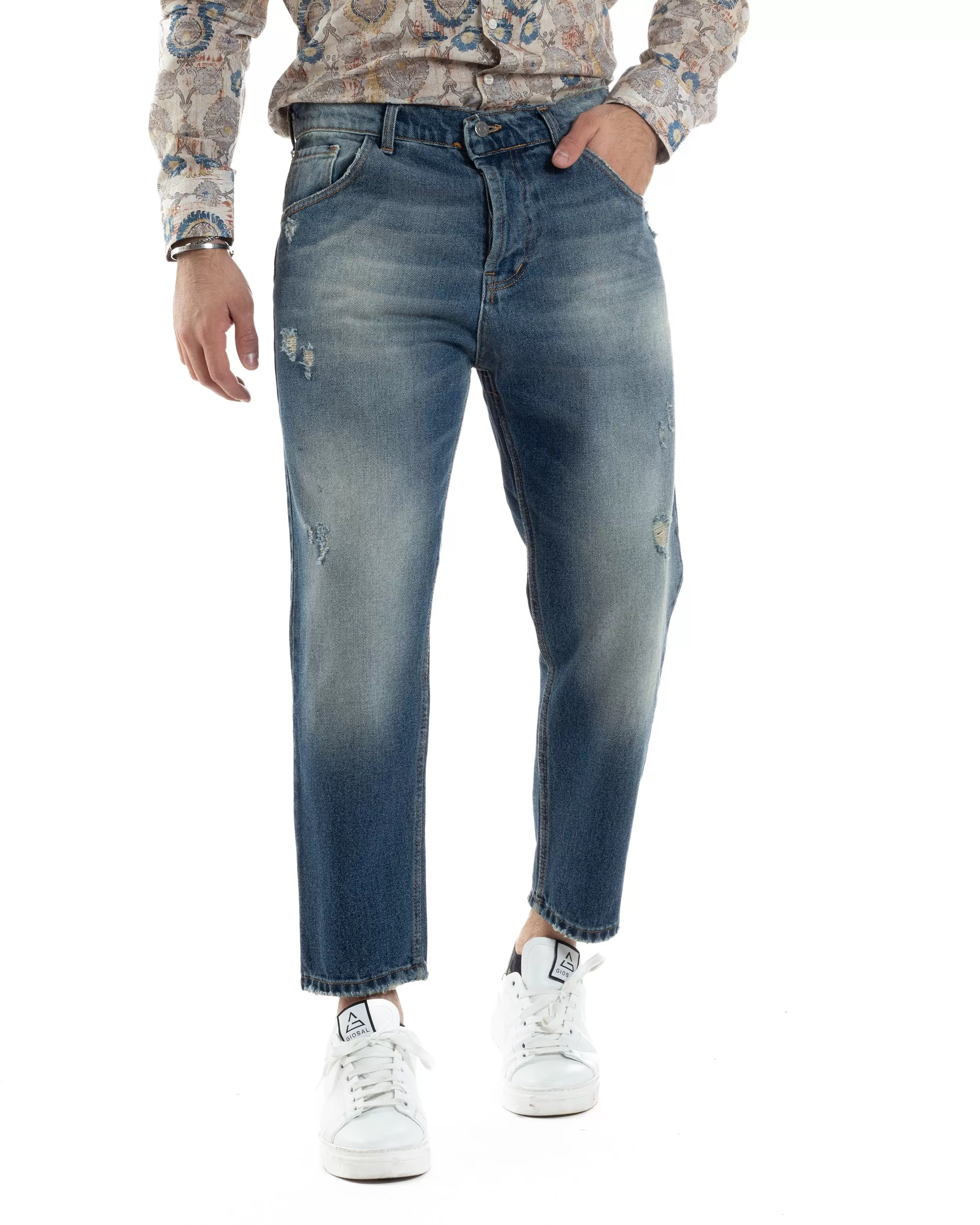 Pantaloni Jeans Uomo Loose Fit Denim Sabbiato Con Rotture Cinque Tasche GIOSAL-JS1035A