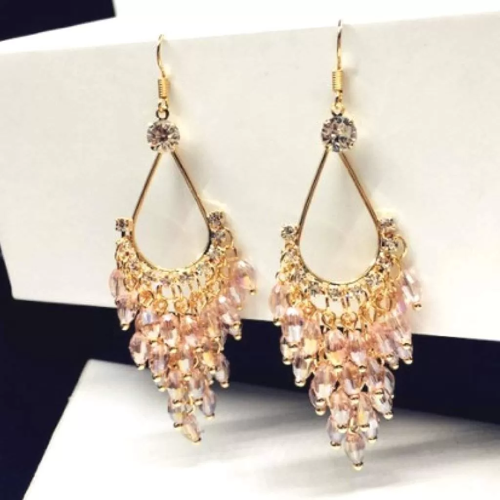 Pink Crystal and Gold Chandelier Dangle Earrings