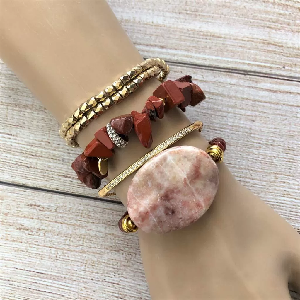 Red Jasper Chip and Gold Crystal Stretch Bracelet