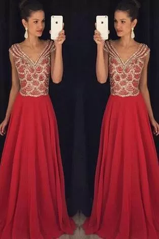 Red V-neck Beading Bodice Long Chiffon Prom Dresses Evening Dresses