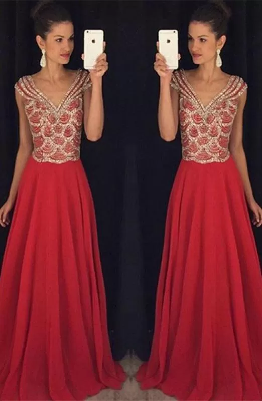 Red V-neck Beading Bodice Long Chiffon Prom Dresses Evening Dresses