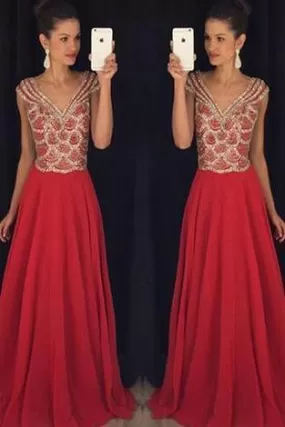 Red V-neck Beading Bodice Long Chiffon Prom Dresses Evening Dresses