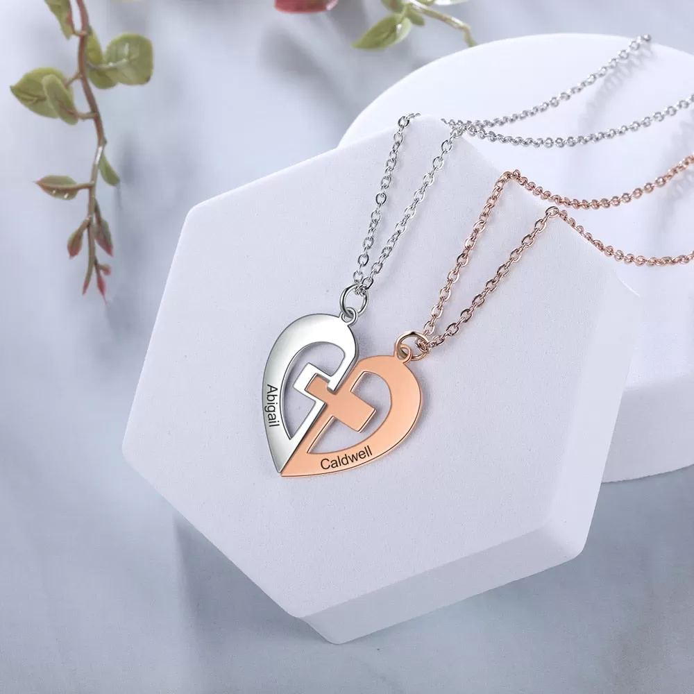 Rose Gold Silver Color Heart Couple Pendant Personalized Name Engraving Cross BFF Necklace Anniversary Gift for Women