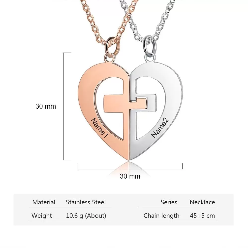 Rose Gold Silver Color Heart Couple Pendant Personalized Name Engraving Cross BFF Necklace Anniversary Gift for Women