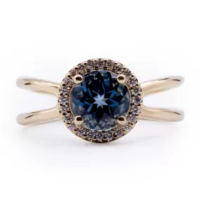 Round London Blue Topaz Setting with Diamond Accented Halo and Criss Cross Shank Ring