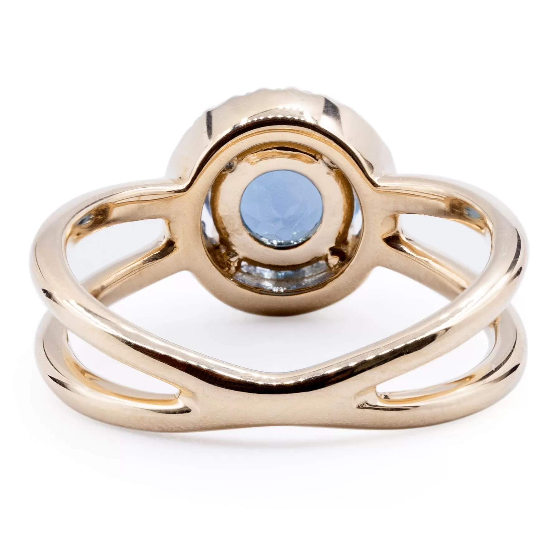 Round London Blue Topaz Setting with Diamond Accented Halo and Criss Cross Shank Ring