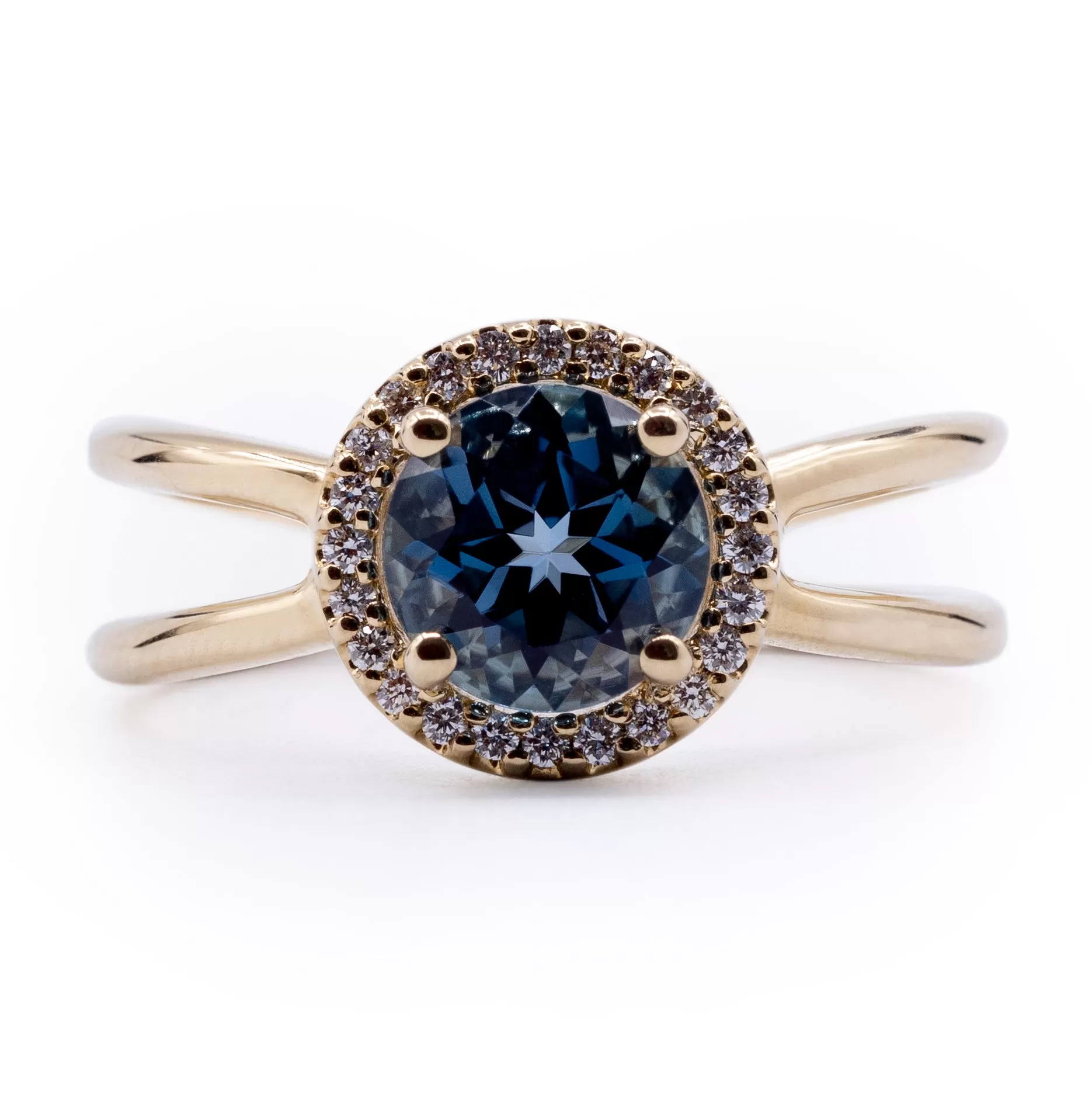 Round London Blue Topaz Setting with Diamond Accented Halo and Criss Cross Shank Ring