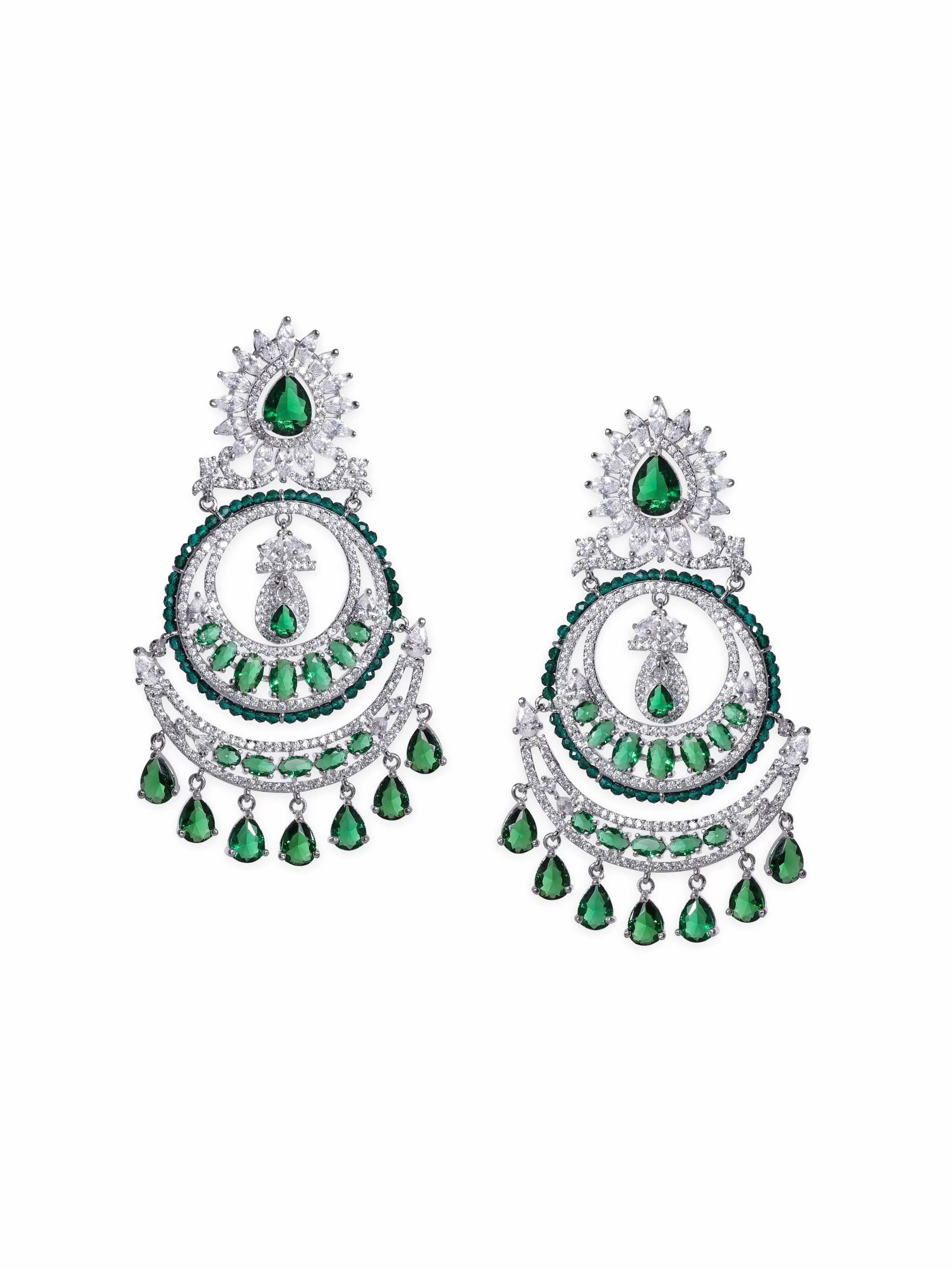 Rubans Exquisite Elegance Rhodium Plated Zirconia and Emerald studded Chandbali Earrings