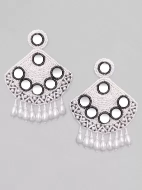 Rubans White Handmade Beadwork Embroidery and Mirror Work Earrings