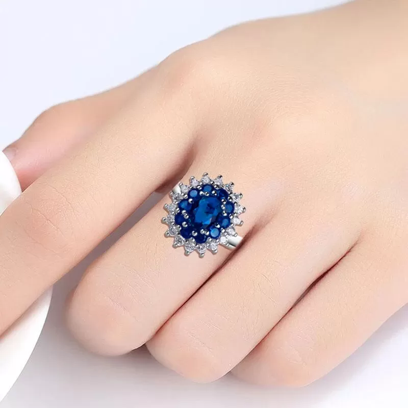 Sapphire Flower Adjustable Silver Ring