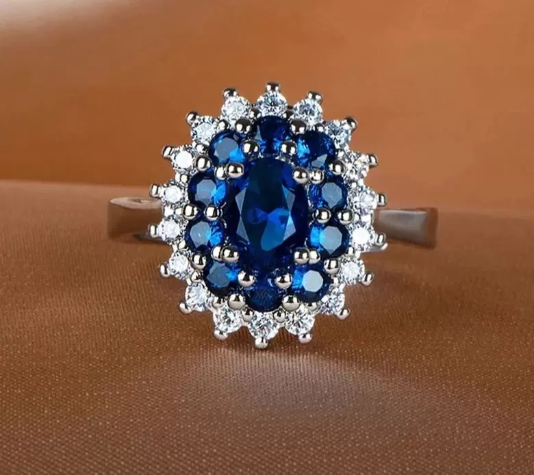 Sapphire Flower Adjustable Silver Ring