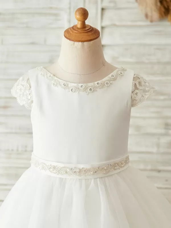 Short Sleeves Jewel Neck White Kids Party Dresses Flower Girl Dresses