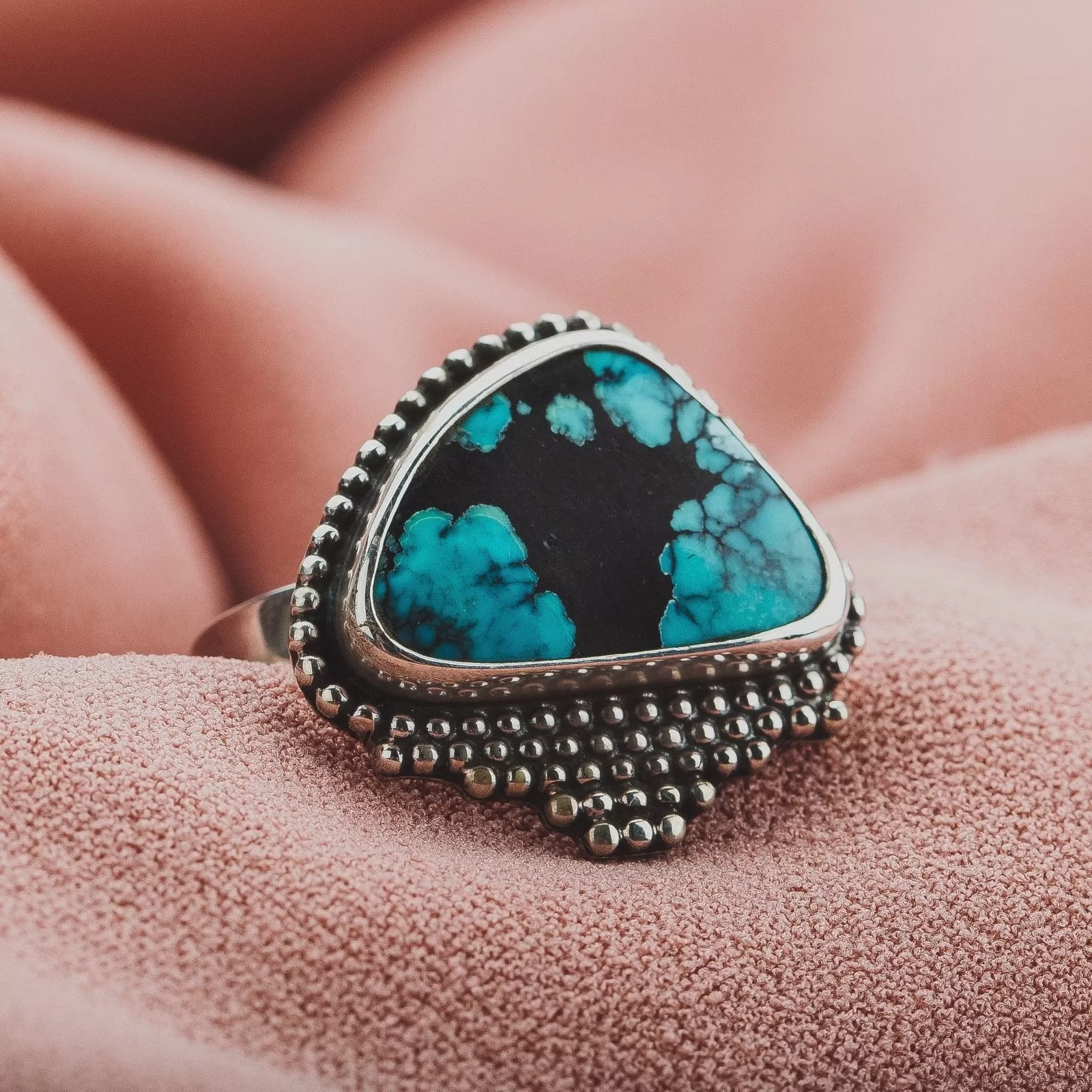 Size 7.25 Black & Blue Cloud Mountain Turquoise Gemstone Ring