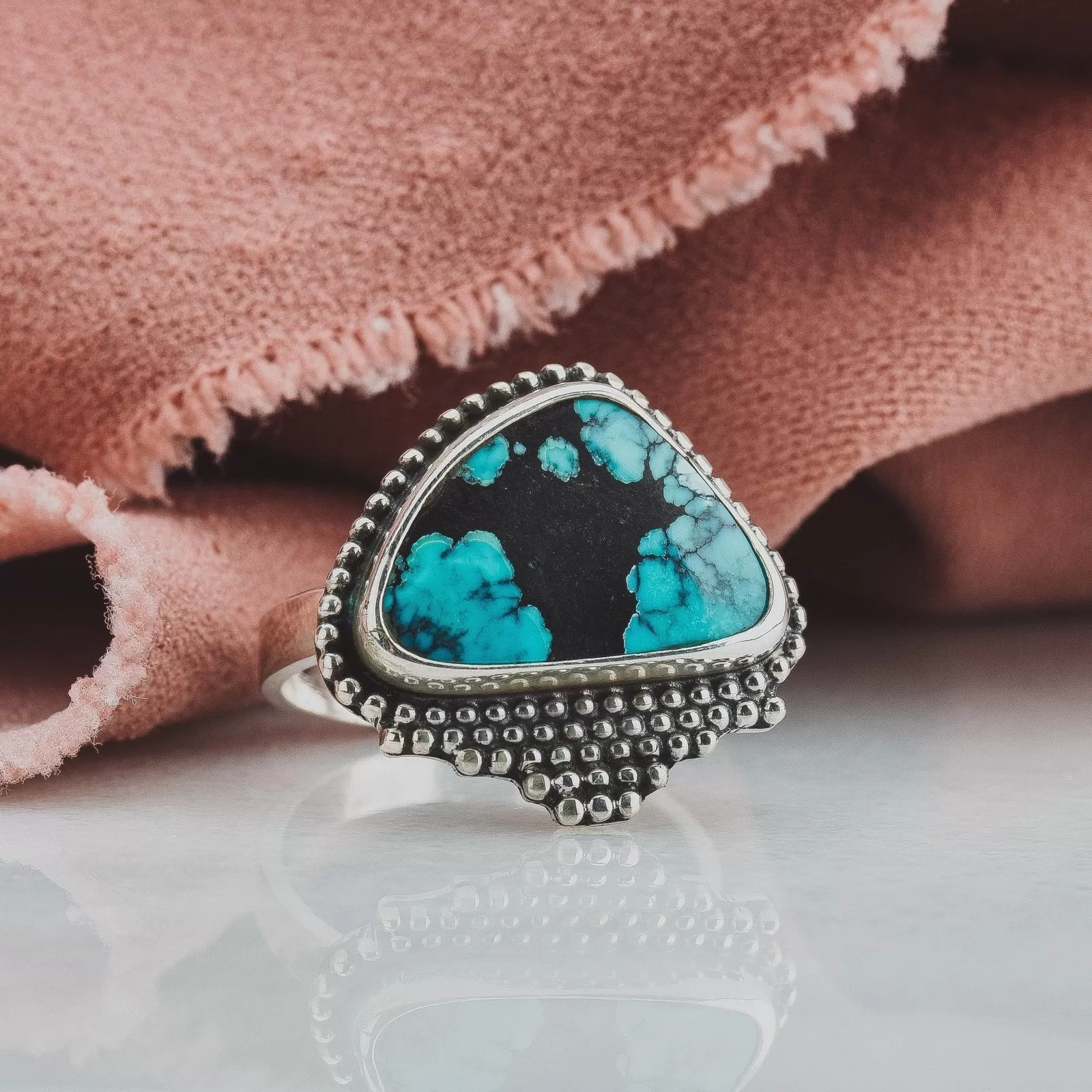 Size 7.25 Black & Blue Cloud Mountain Turquoise Gemstone Ring