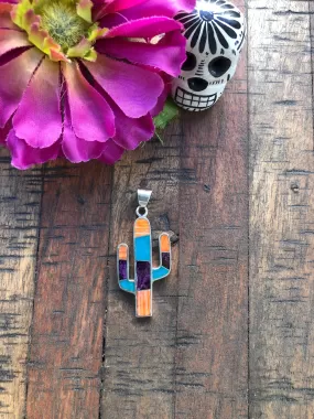 Small Multi Stone Inlay Cactus Pendant