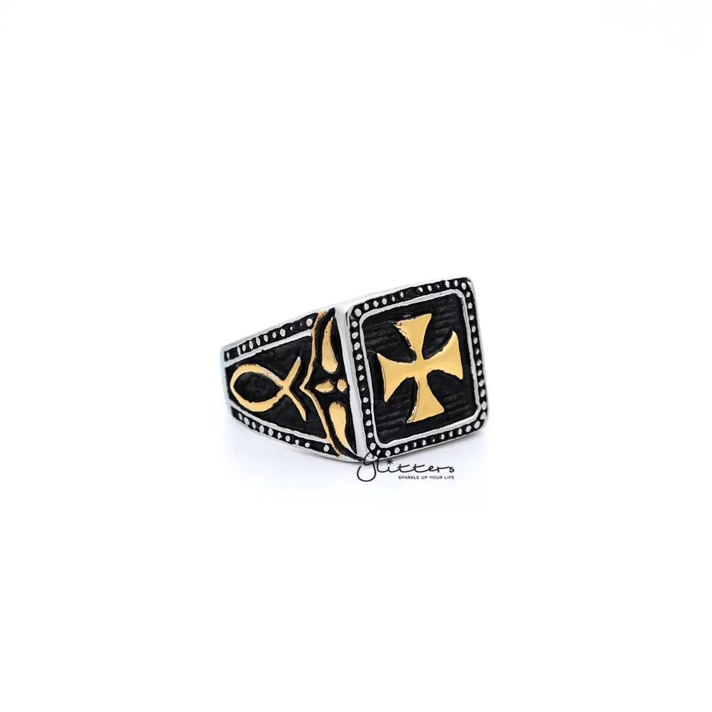 Stainless Steel Antiqued Two Tone Cross Casting Men's Rings