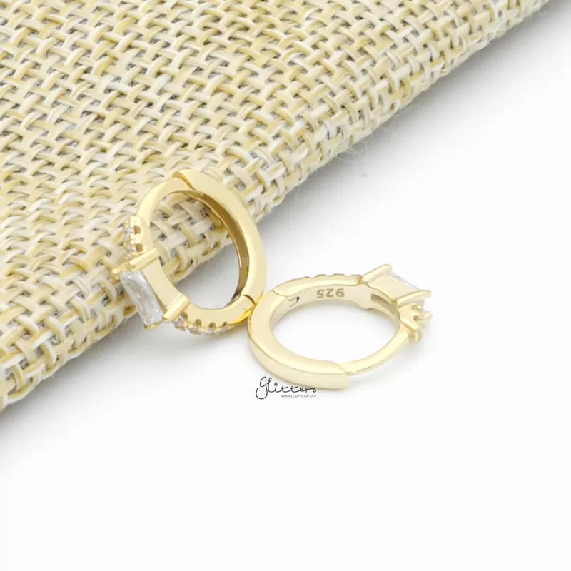 Sterling Silver Baguette CZ One-Touch Huggie Hoop Earrings - Gold