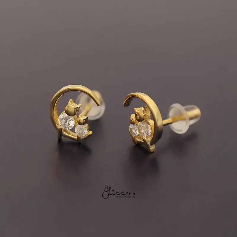 Sterling Silver Crescent Moon with CZ Cats Stud Earrings - Gold