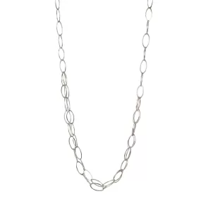 Sterling Silver Handmade Oval Link Long Chain Necklace with Center Double Layer of Chain