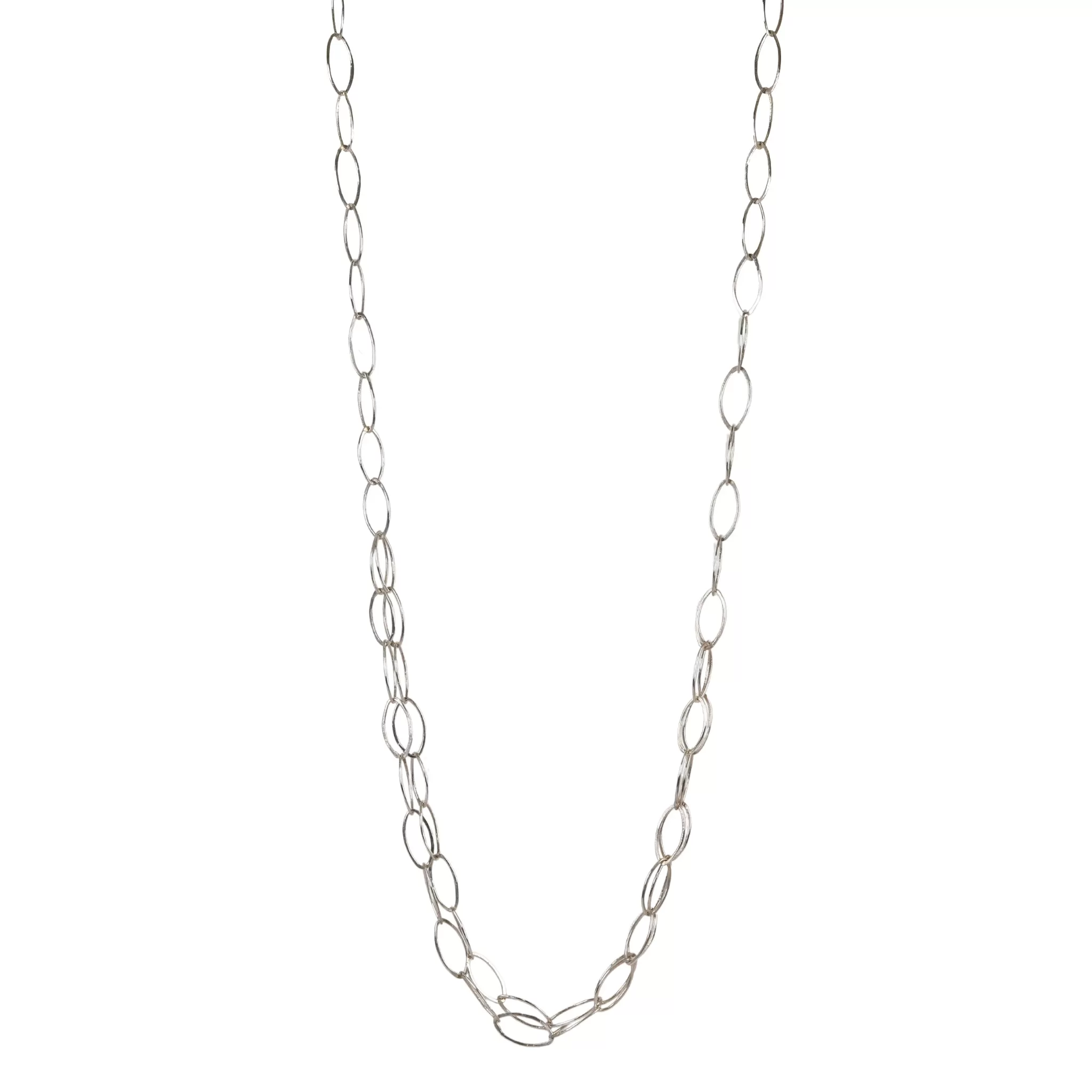 Sterling Silver Handmade Oval Link Long Chain Necklace with Center Double Layer of Chain