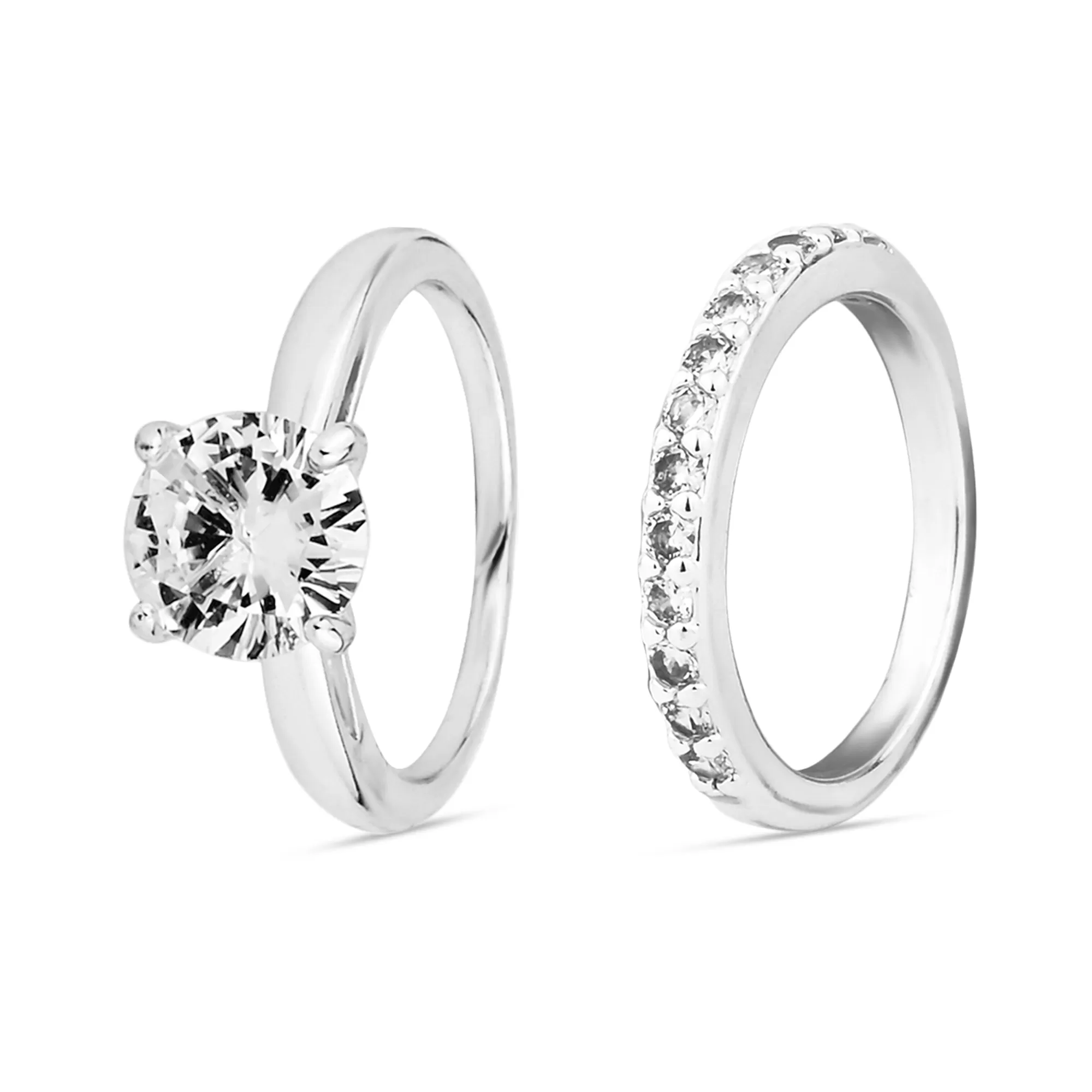 Sterling Silver-Plated Solitaire Rings Set Of Two White-Medium