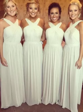 Stylish V-neck Floor-Length Ivory Chiffon Bridesmaid Dress Ruched