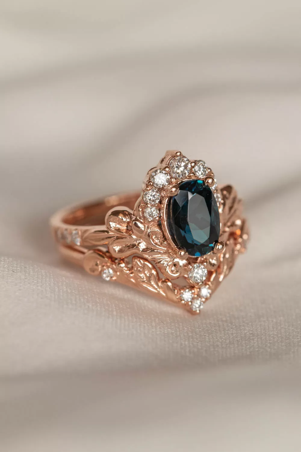 Teal tourmaline and diamonds bridal ring set, baroque inspired engagement ring set / Sophie