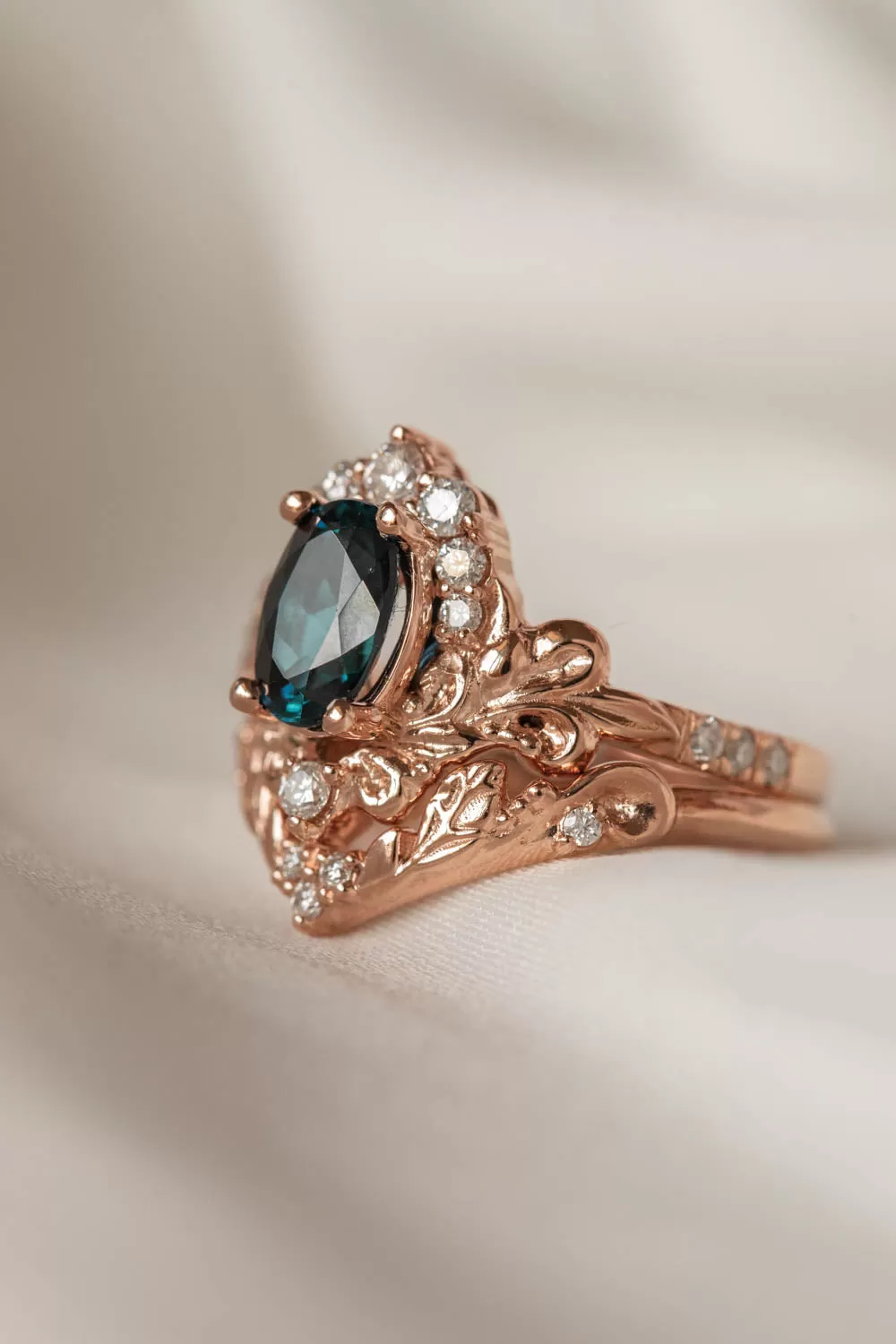 Teal tourmaline and diamonds bridal ring set, baroque inspired engagement ring set / Sophie