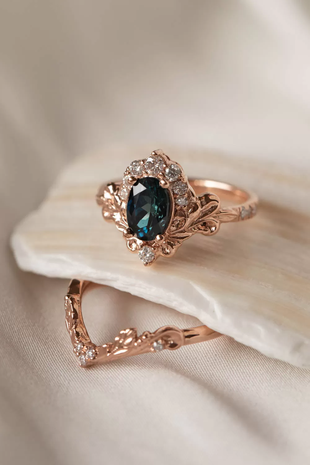 Teal tourmaline and diamonds bridal ring set, baroque inspired engagement ring set / Sophie