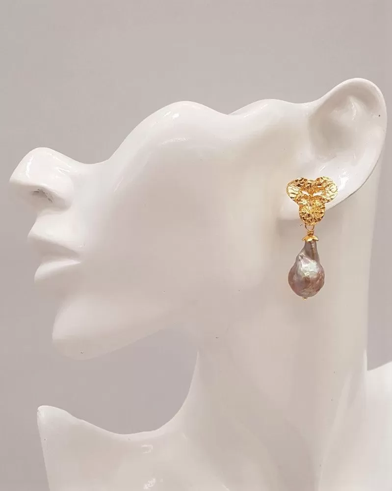 Tri Leaf Studs with Baroque Freshwater Pearl Earrings