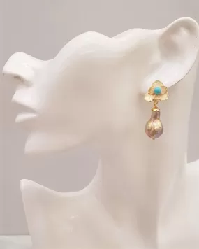 Tri Petal Stud with Turquoise and Baroque Freshwater Pearl Earrings