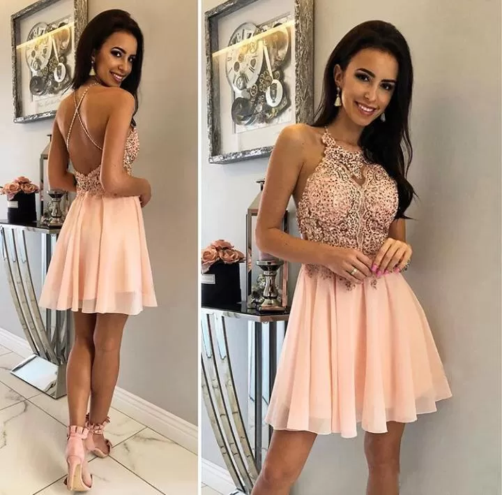 Unique Halter Chiffon Criss Cross Beads Short Sweet 16 Dresses Homecoming Dresses