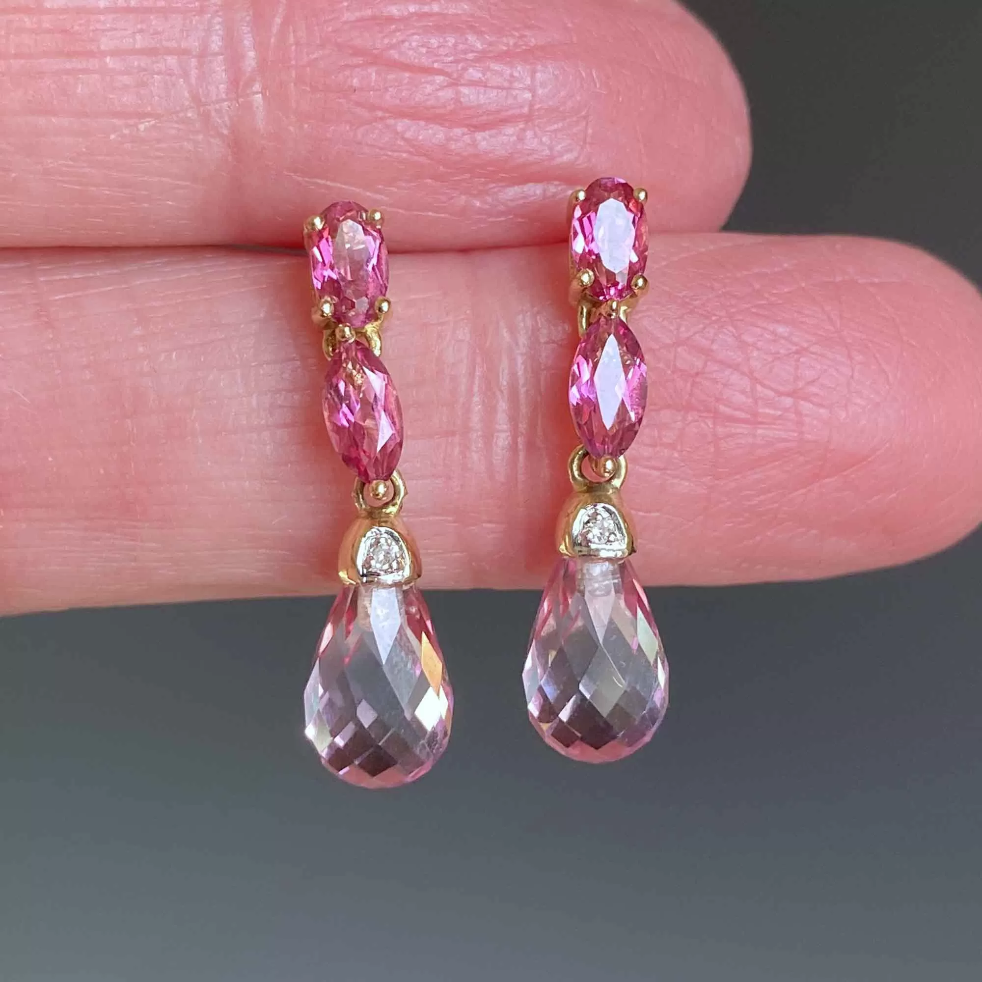 Vintage 14K Gold Diamond Pink Topaz Briolette Dangle Earrings