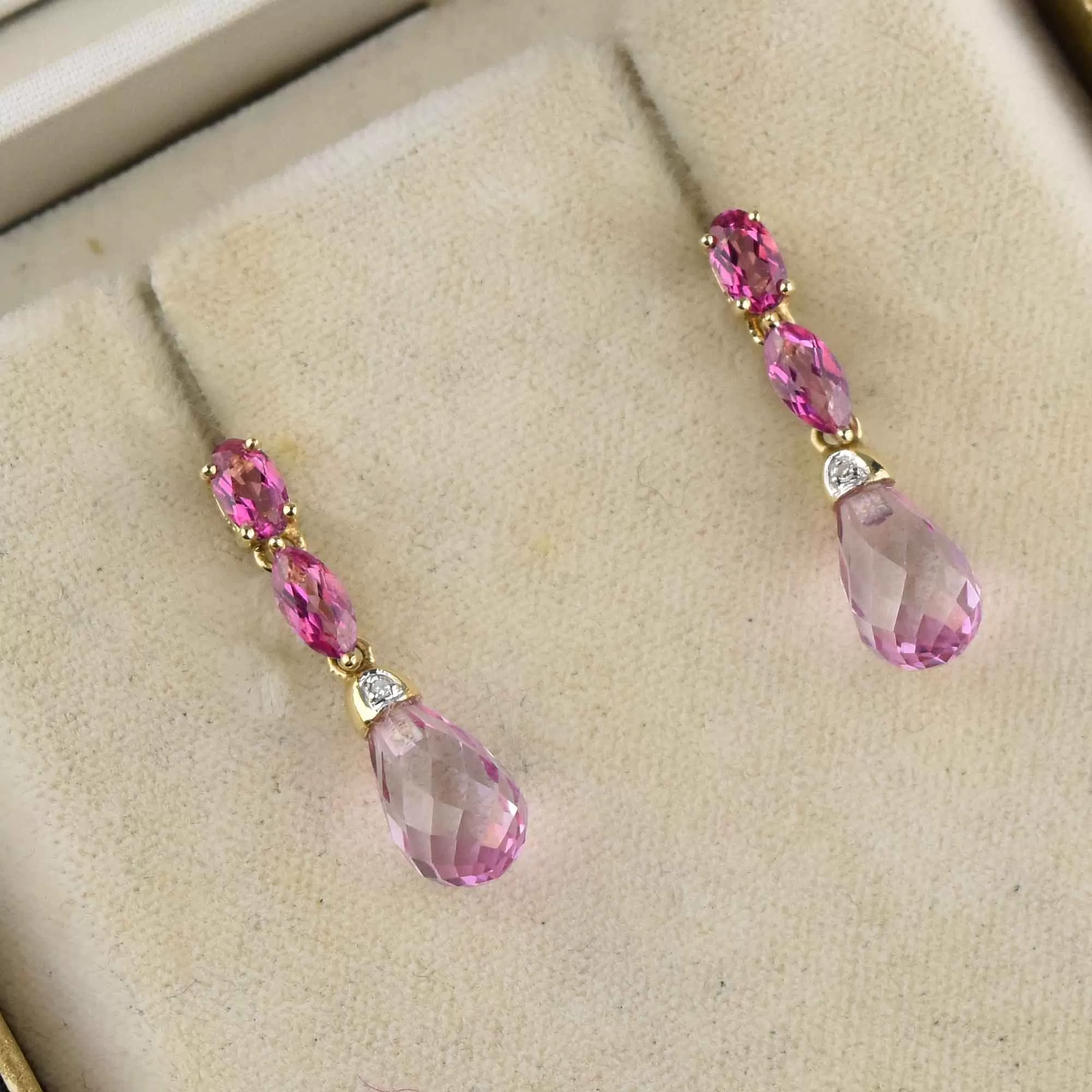 Vintage 14K Gold Diamond Pink Topaz Briolette Dangle Earrings