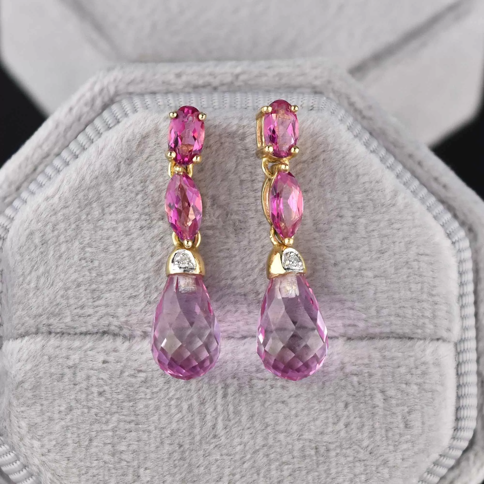 Vintage 14K Gold Diamond Pink Topaz Briolette Dangle Earrings