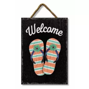 Welcome Flip Flops Black Vinyl with Slate Look Hanging Sign