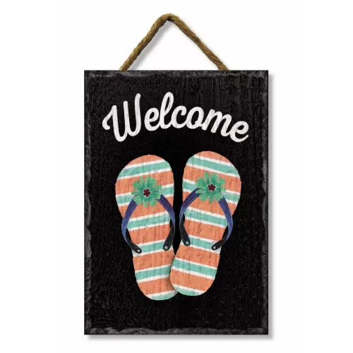 Welcome Flip Flops Black Vinyl with Slate Look Hanging Sign