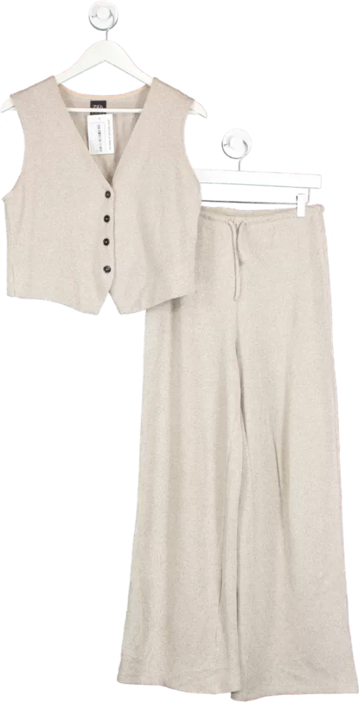 ZARA Beige Wide Leg Pull On Trousers And Waistcoat UK S